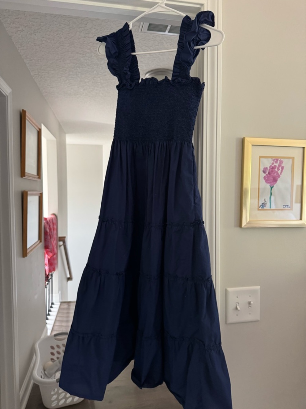 Hill House navy smocked bodice tiered sundress